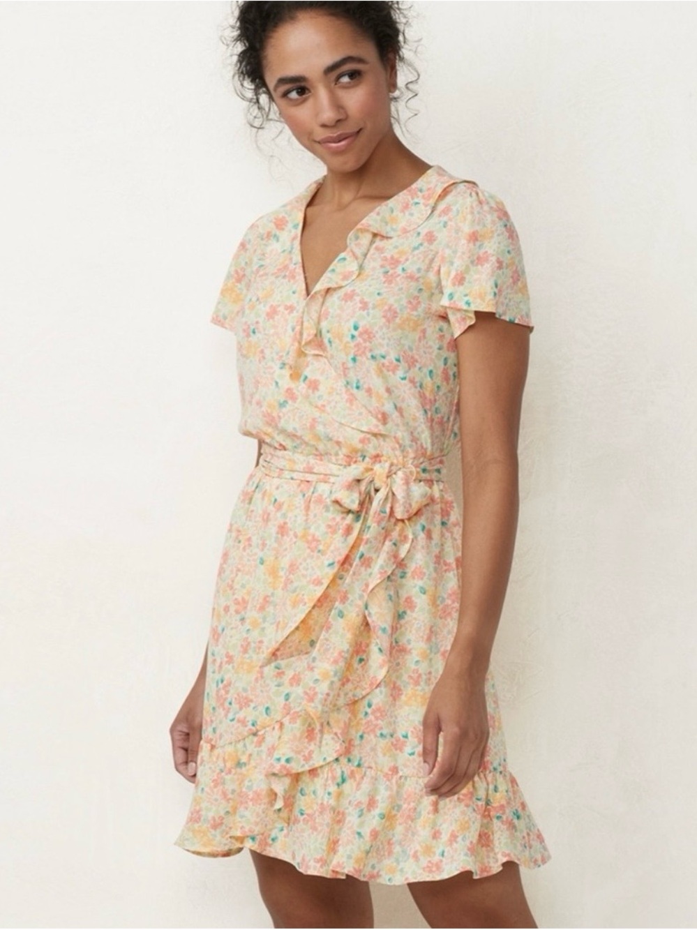 LC Lauren Conrad Pastel Peach Floral Tie-Waist Mini Dress